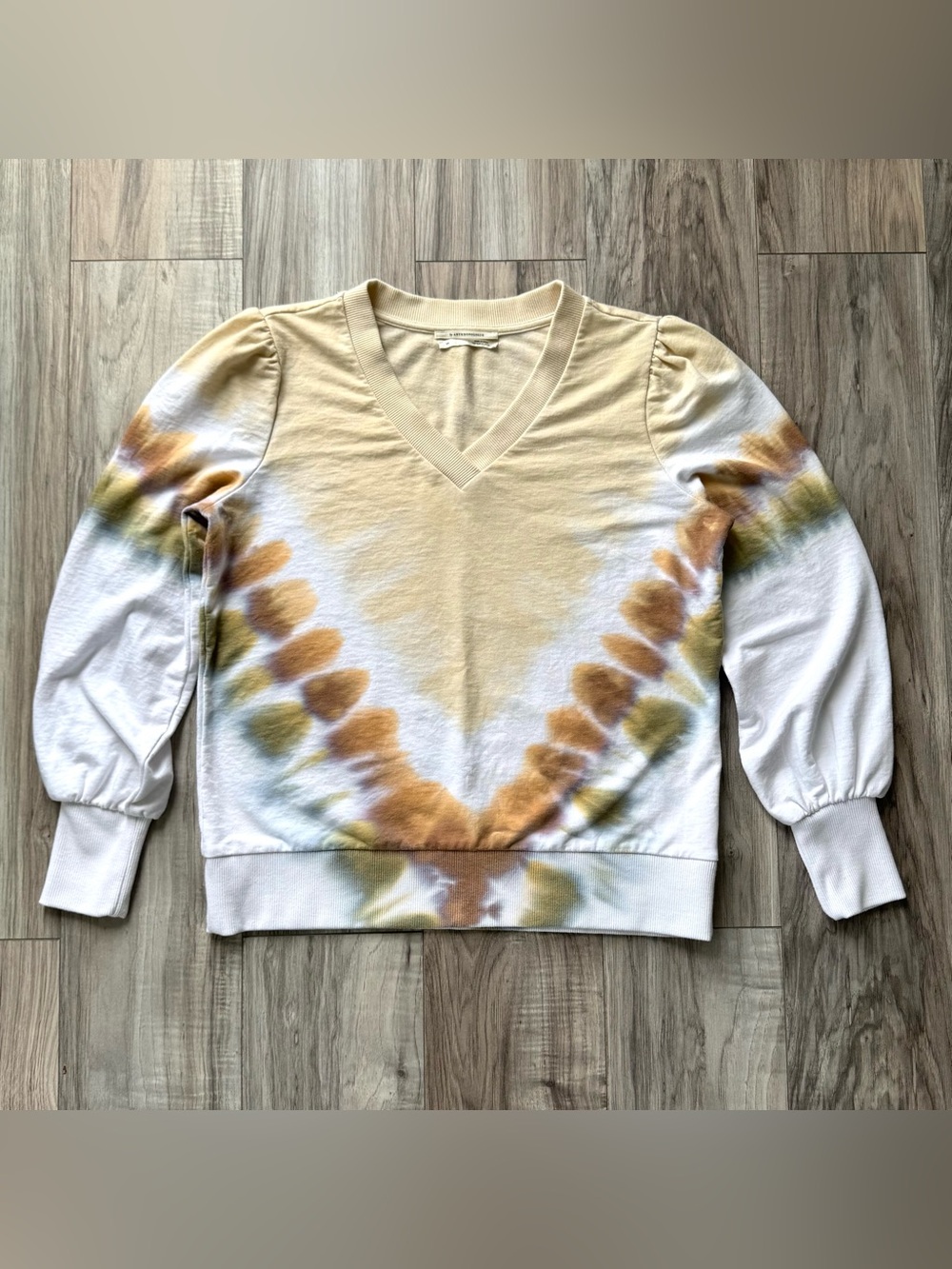 Anthropologie V-Neck Tie-Dye Puff Sleeve Sweatshirt in Cream, Brown, Green